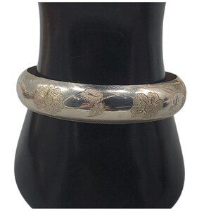 925 Hinged Bangle Bracelet Etched Flower Design Sterling Silver Safety Chain 7"